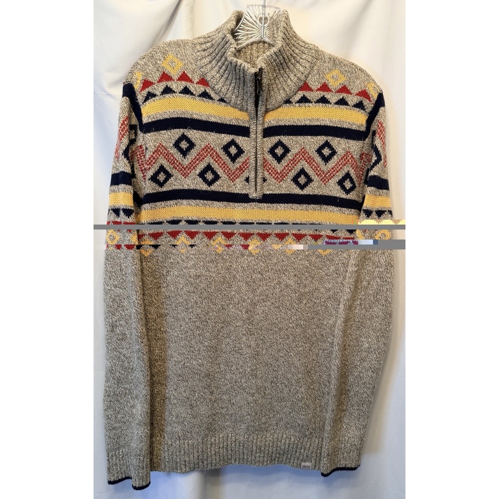 Abode Outside Unisex 1/4 Zip Sweater Size M Men, L Women Beige Red Blue Pattern